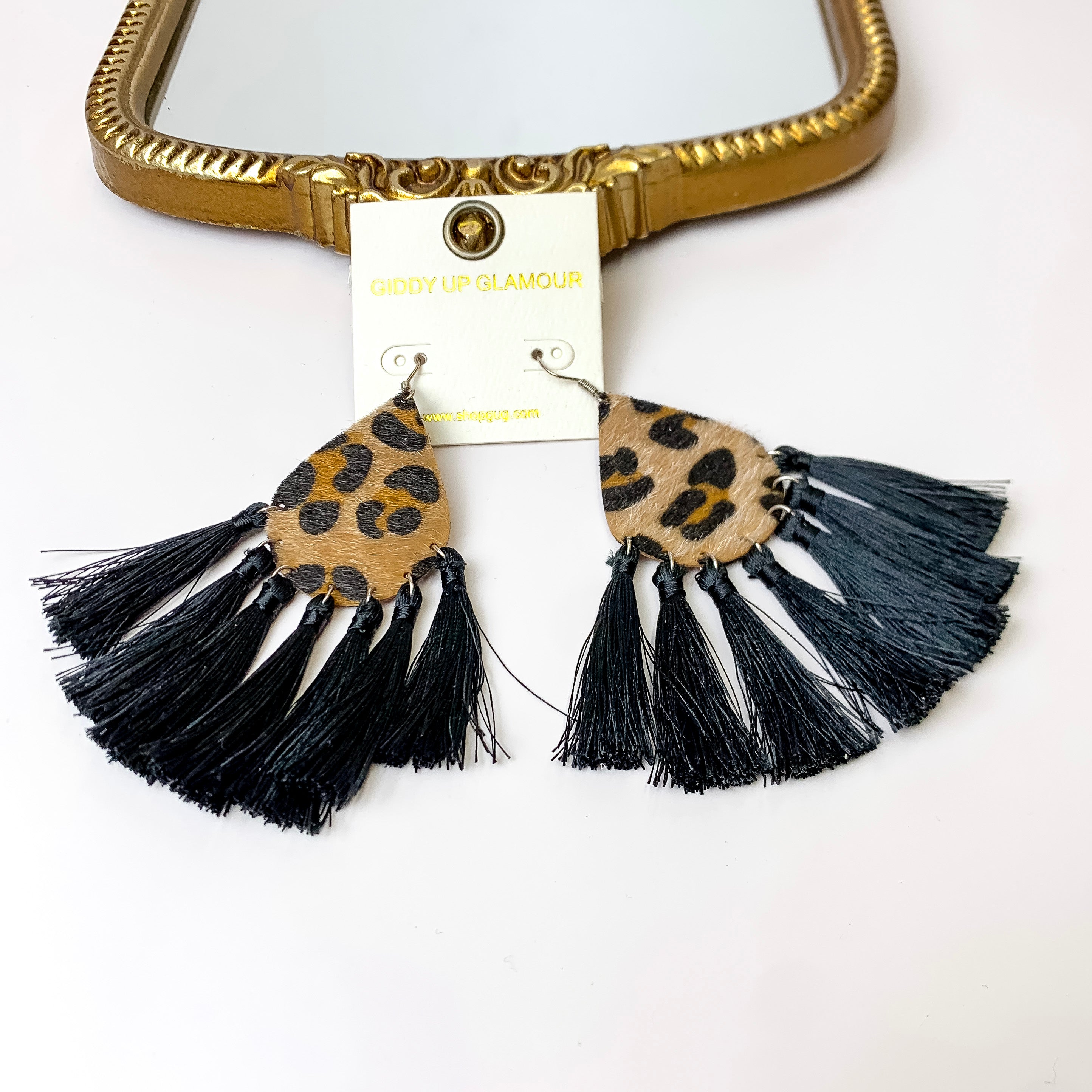 Leopard Teardrop Earrings with Tassel Trim in Black - Giddy Up Glamour Boutique