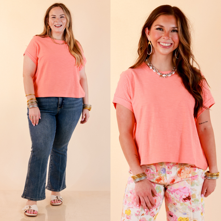 Laidback Luxe Rolled Drop Sleeve Relaxed Fit Basic Short Sleeve Top in Coral Orange