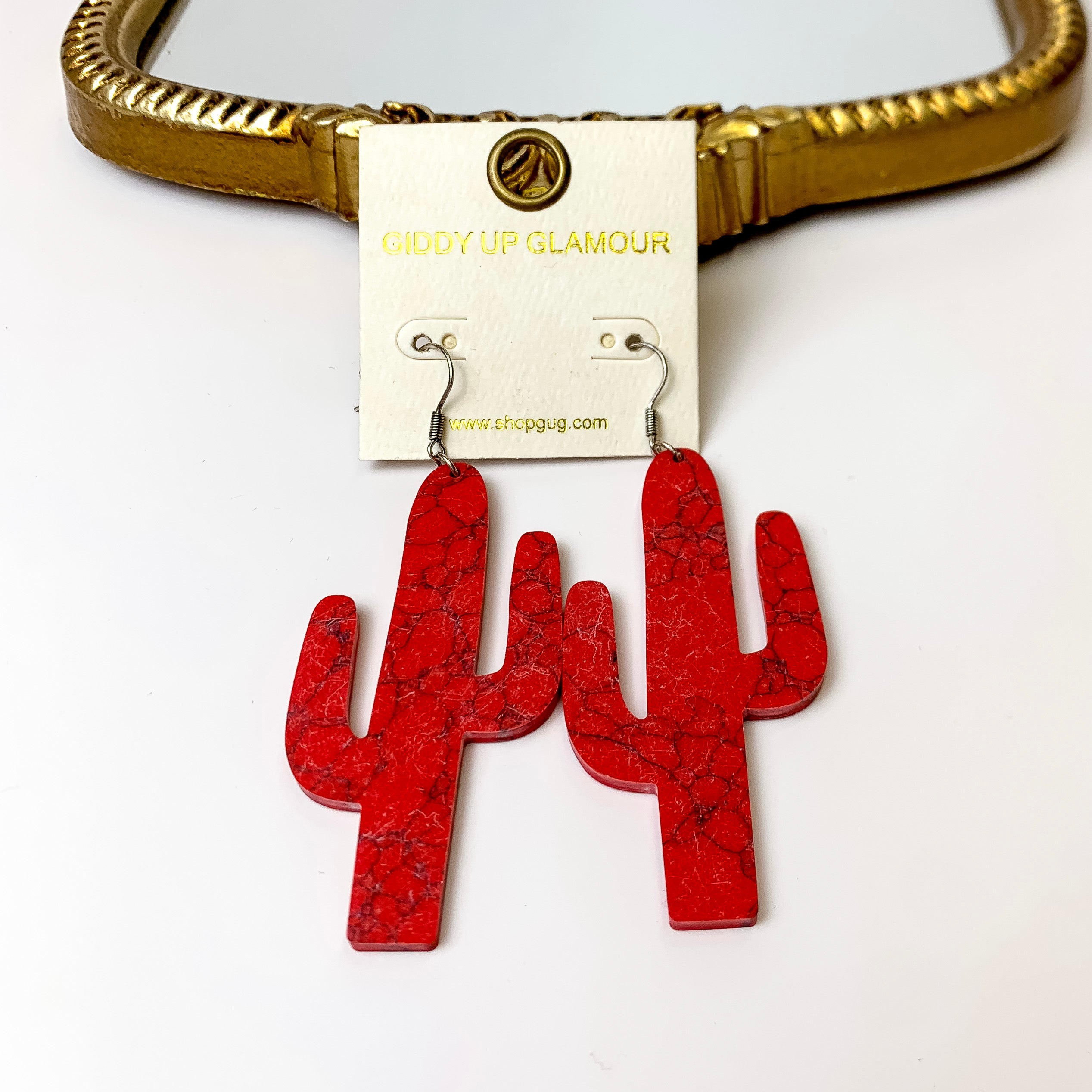 Set in Stone Cactus Cutout Earrings in Red - Giddy Up Glamour Boutique
