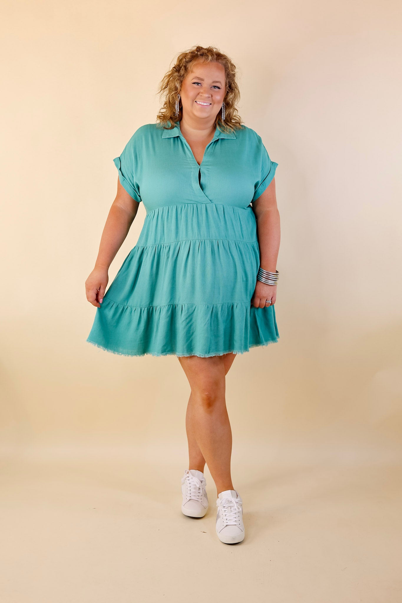 Taos Transitions Ruffle Tiered Collared Dress with Frayed Hem in Turquoise - Giddy Up Glamour Boutique