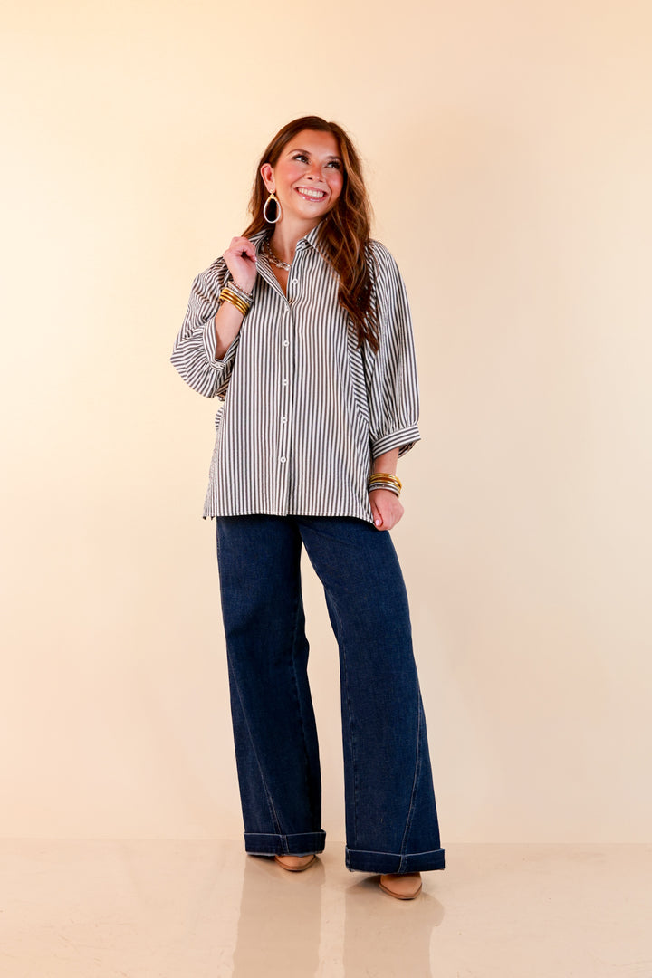 Crisp and Collected Stripe Button Front Collared Top with Puff Short Sleeves in Black and White