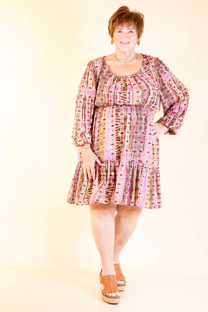 Sweetest Anticipation Long Sleeve Dress with Tiered Hem in Brown Multi