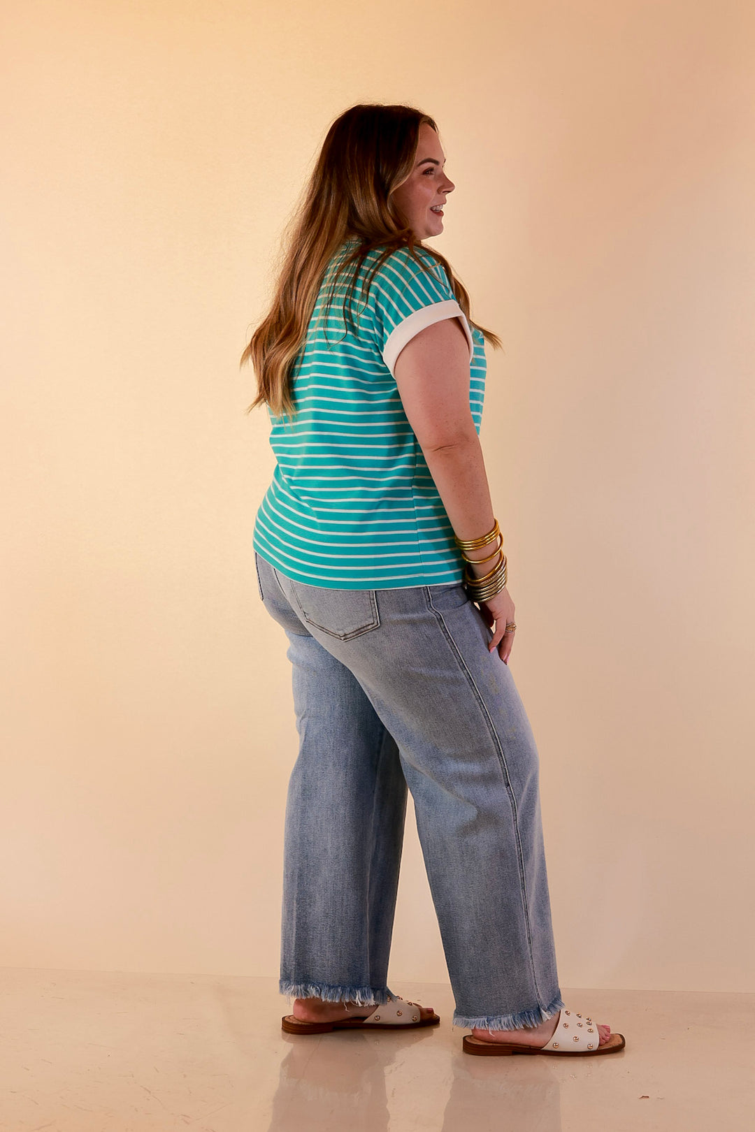 Right on Repeat Scoop Neck Cap Sleeve with Contrast Trim Striped Tee Top in Turquoise Blue