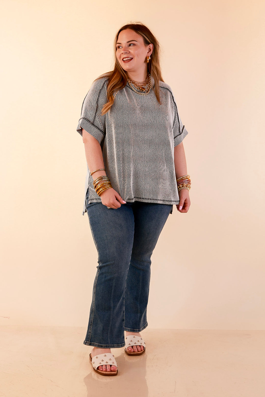 Daily Perfection Scoop Neck Short Sleeve Ribbed Top in Black and White Mix