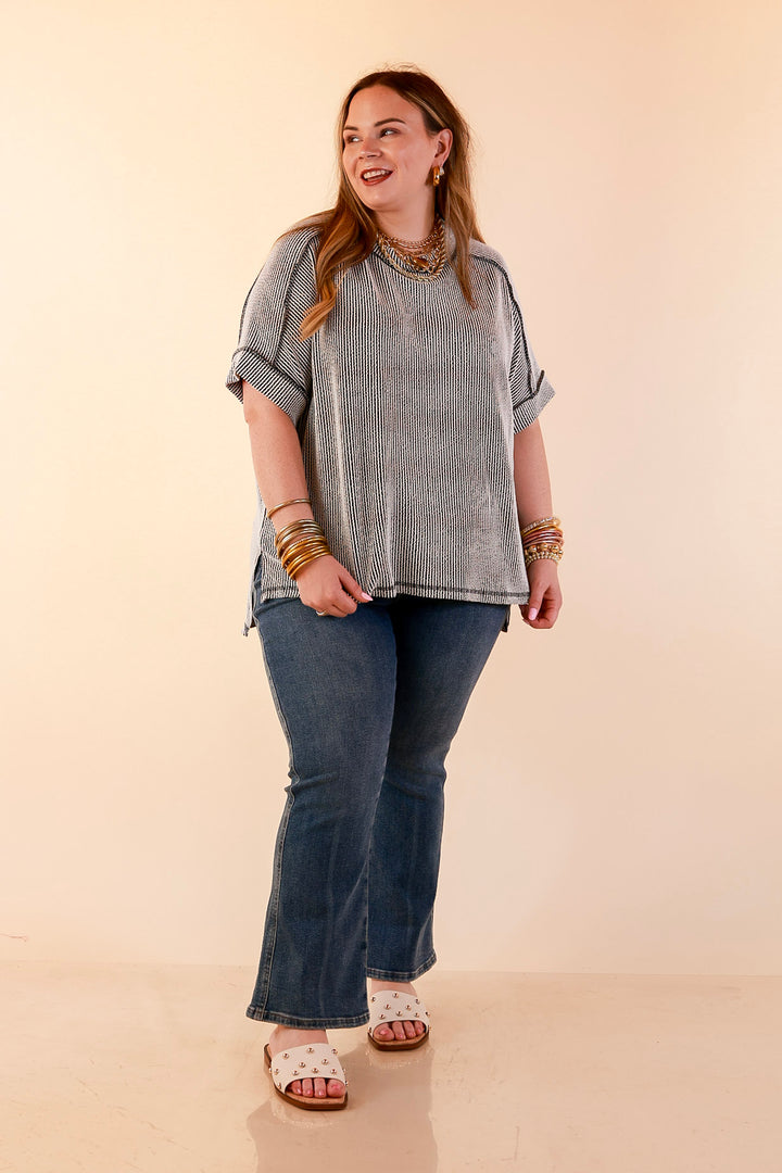 Daily Perfection Scoop Neck Short Sleeve Ribbed Top in Black and White Mix