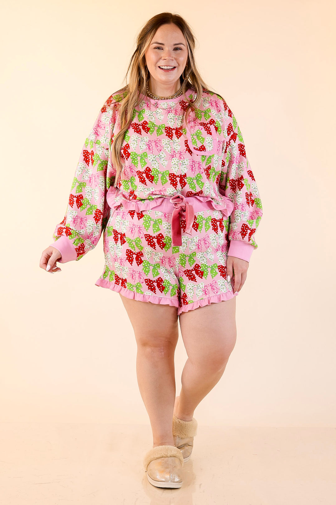 Simply Southern | Wrapped in Joy Matching PJ Set with Polka Dot Bows and Ruffle Detailing in Pink