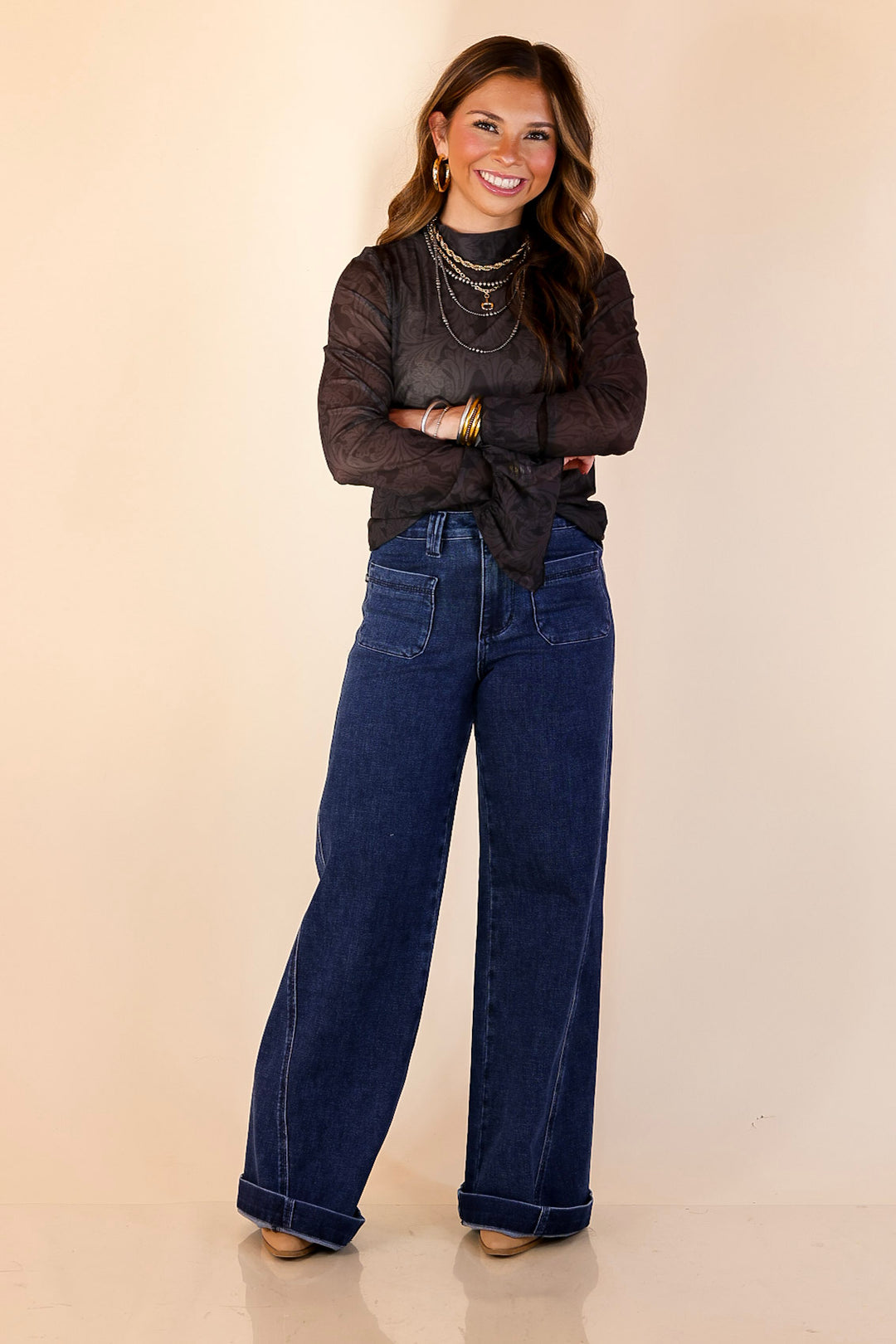 Sheer and Sophisticated Tooled Print Long Sleeve Mesh Top with Ruffle Sleeves in Black