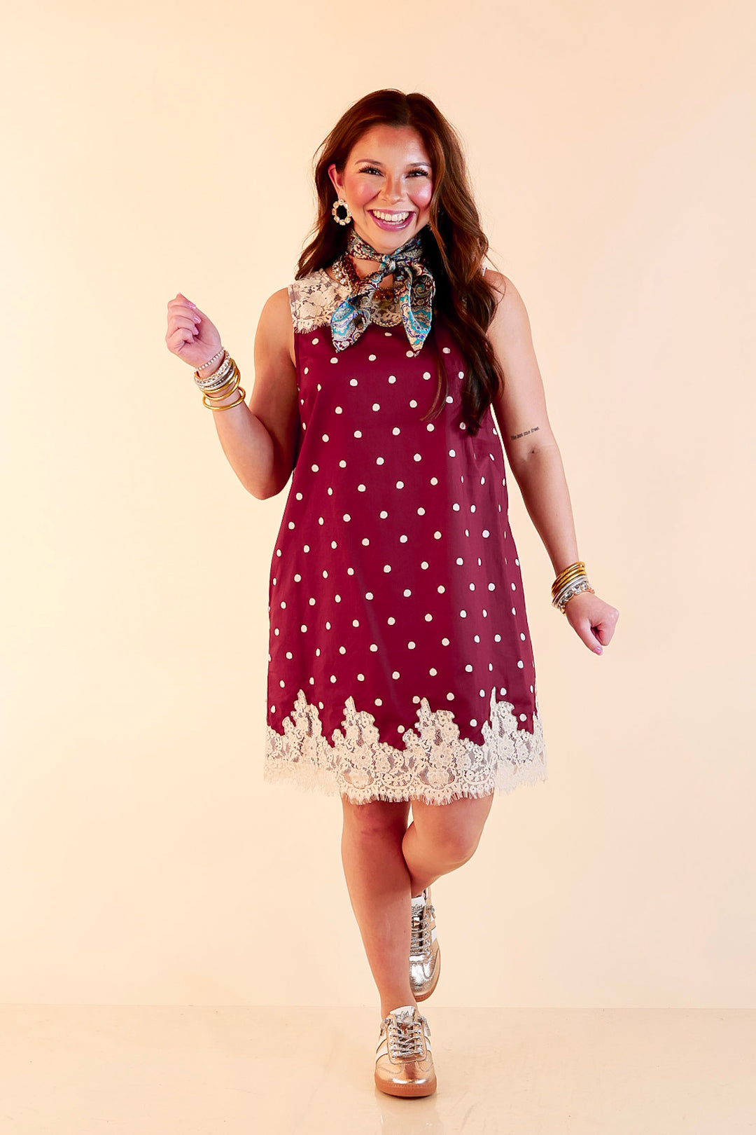 Lovely Little Details Polka Dot Lace Trim Sleeveless Shift Dress in Maroon and Ivory