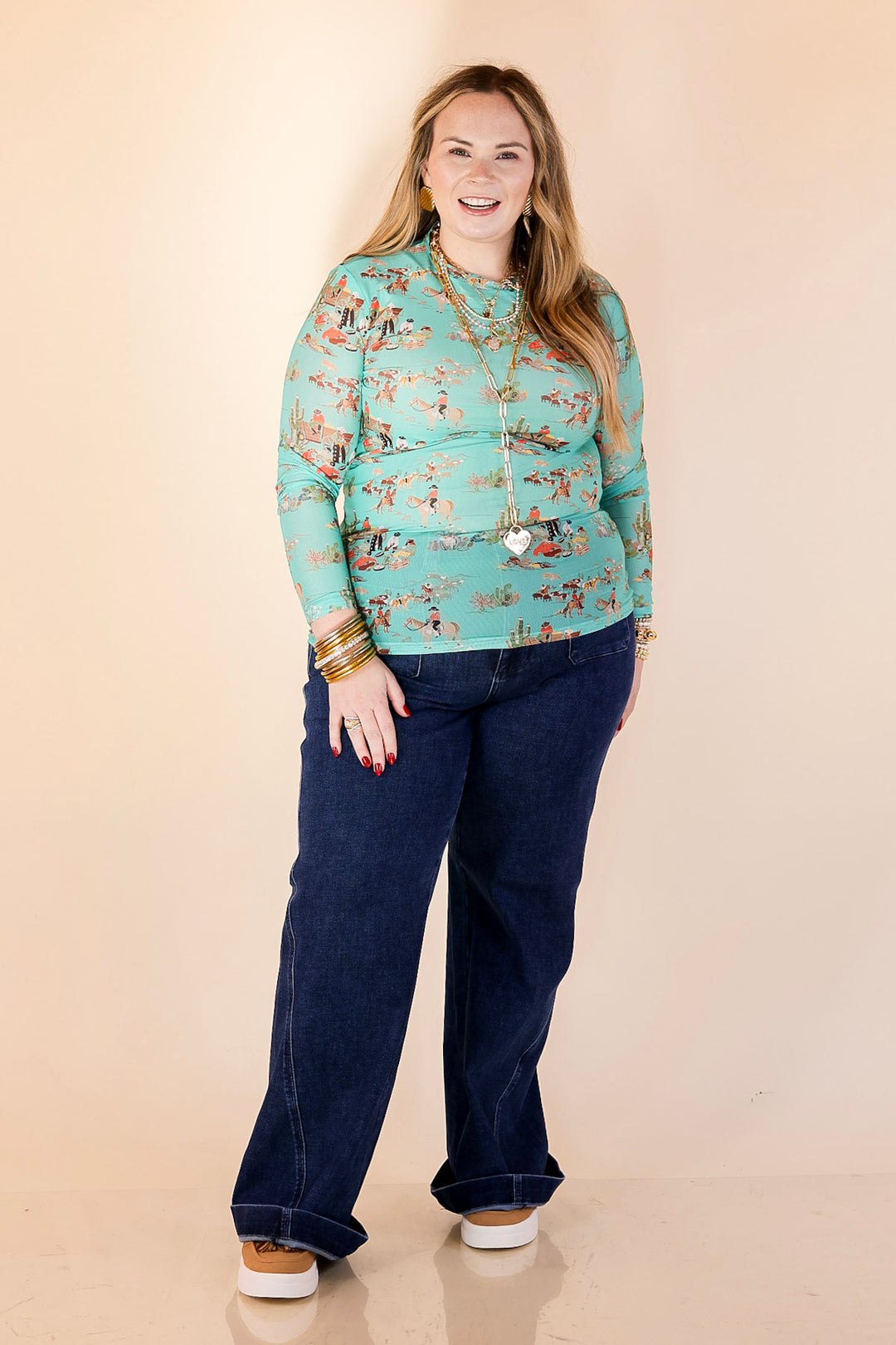 Western Dream Cowboy Cattle Drive Print Long Sleeve Mesh Top in Turquoise Blue