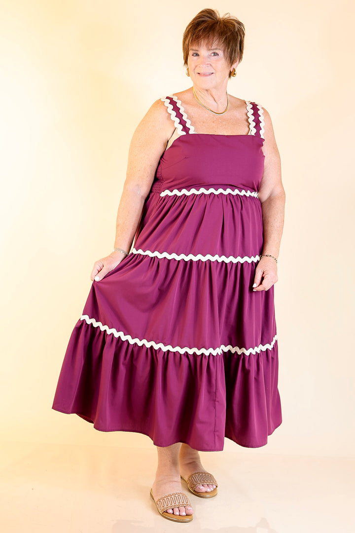 Timeless Twirl Midi Dress with Rickrack Detailing in Plum Maroon