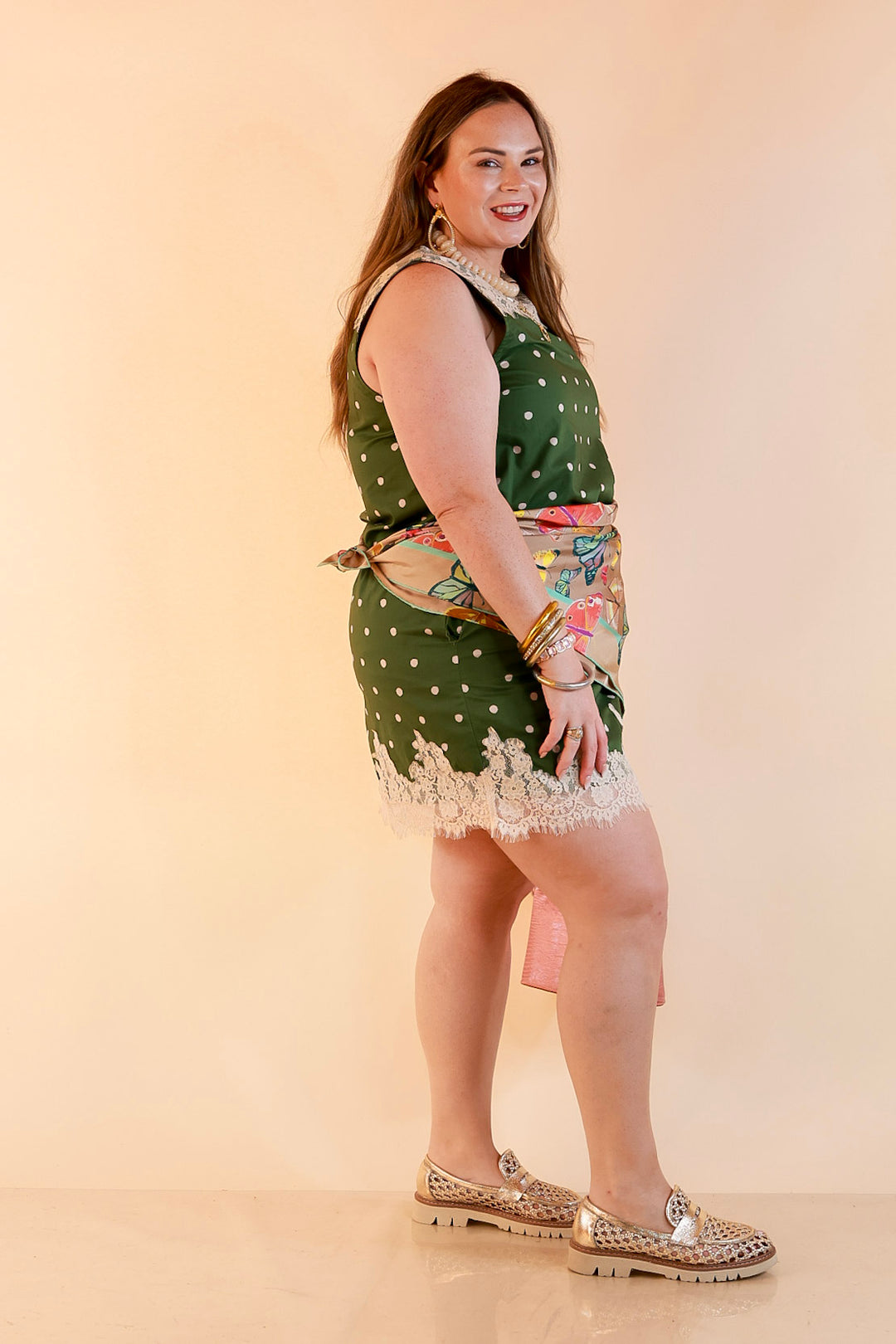 Lovely Little Details Polka Dot Lace Trim Sleeveless Shift Dress in Olive Green and Ivory