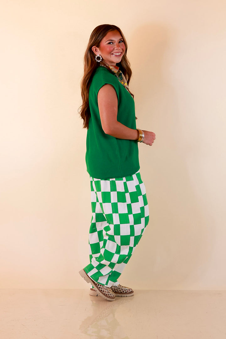 Check Me Out Wide Leg Checkered Print Barrel Denim Jean in Green