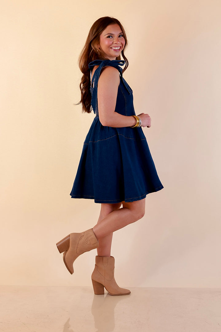 Denim Daydream Tie Shoulder Square Neck Tiered Corset Denim Mini Dress in Dark Wash