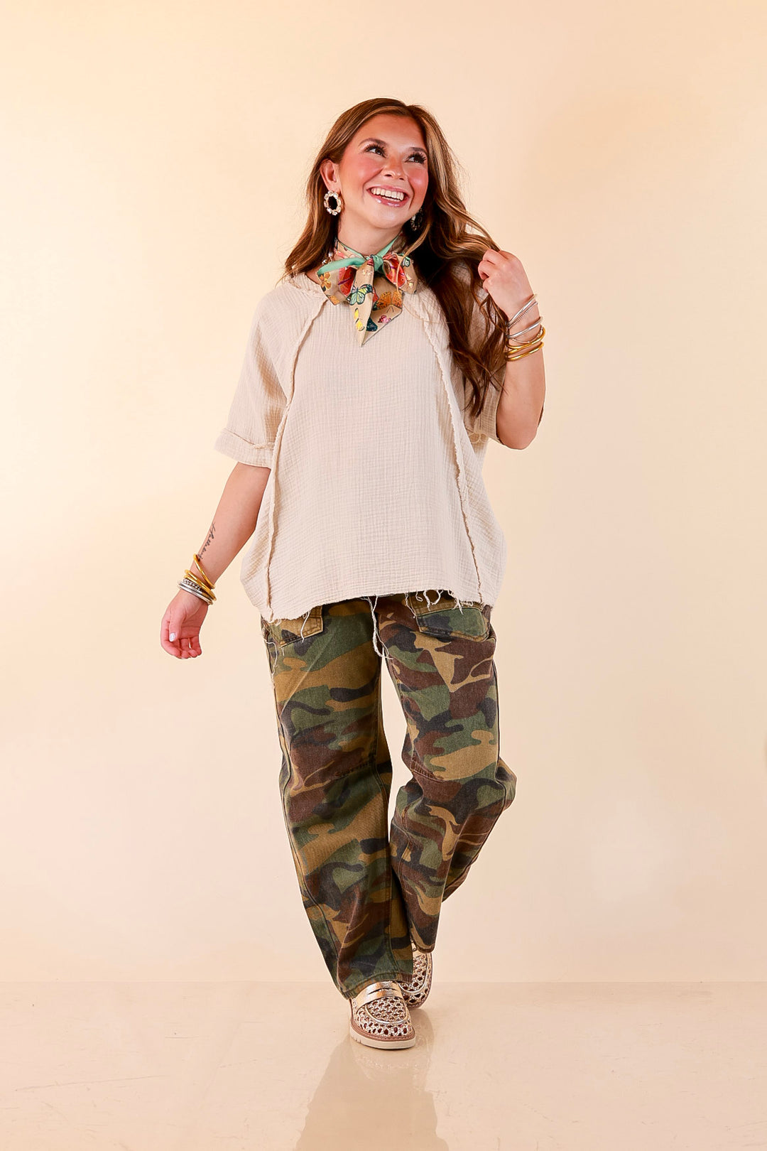 Everyday Ease Short Sleeve Linen Top with Raw Hem Edges in Natural Beige