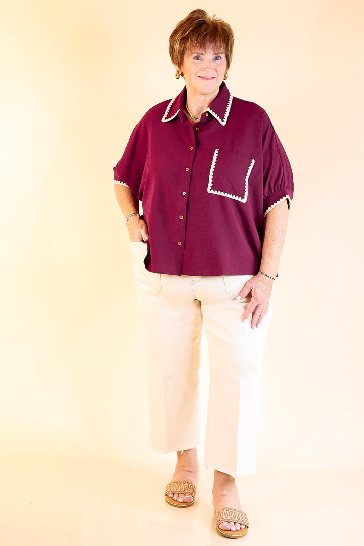 In Good Company Button Up Top with Scalloped Trim Stitching in Maroon