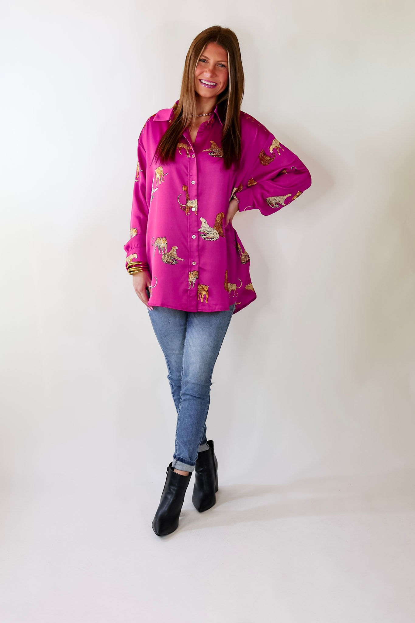 Tell Me Something Good Cheetah Print Long Sleeve Button Up Top in Magenta Pink - Giddy Up Glamour Boutique