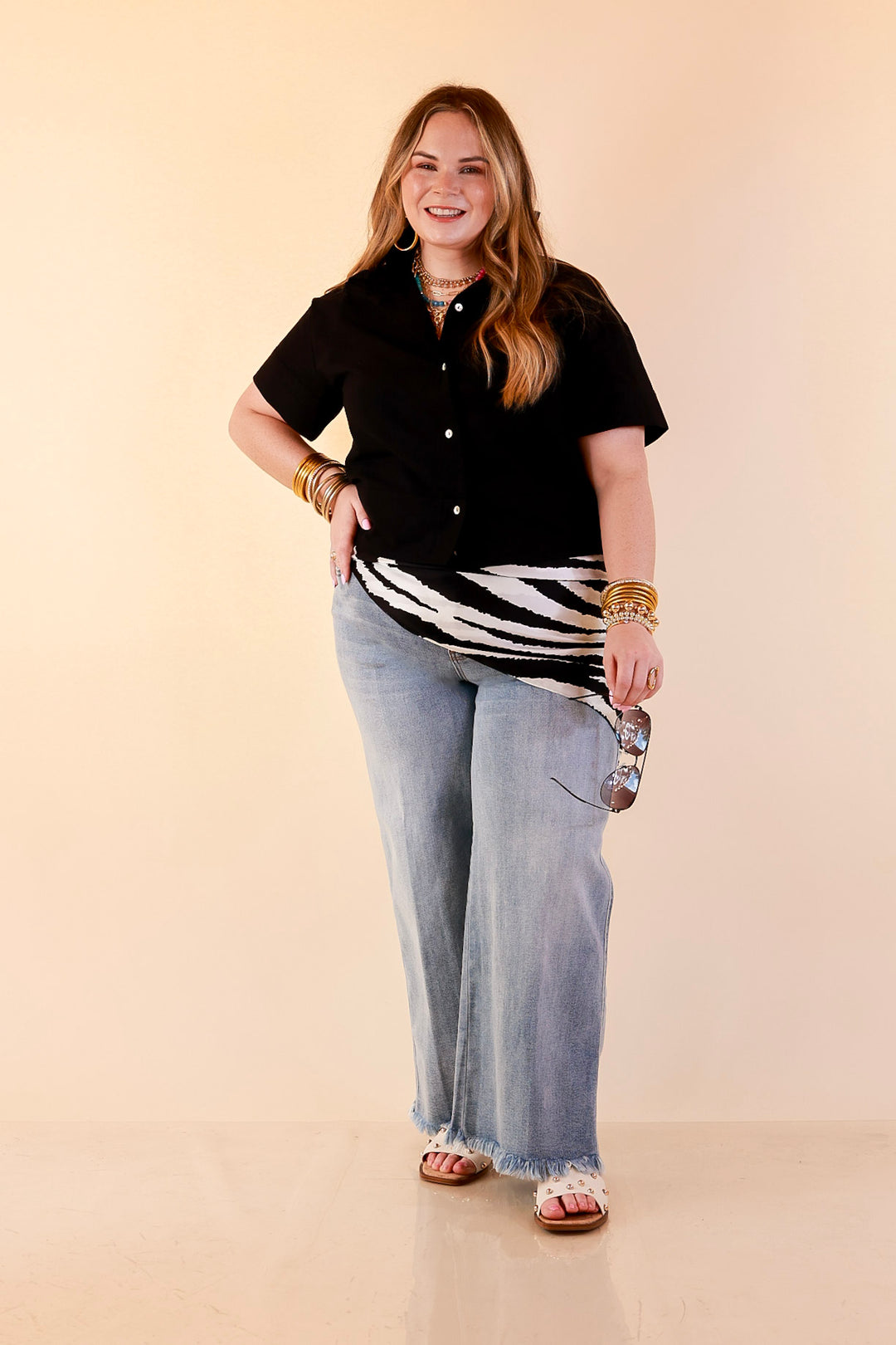 Casual Composure Button Front Short Sleeve Linen Top in Black