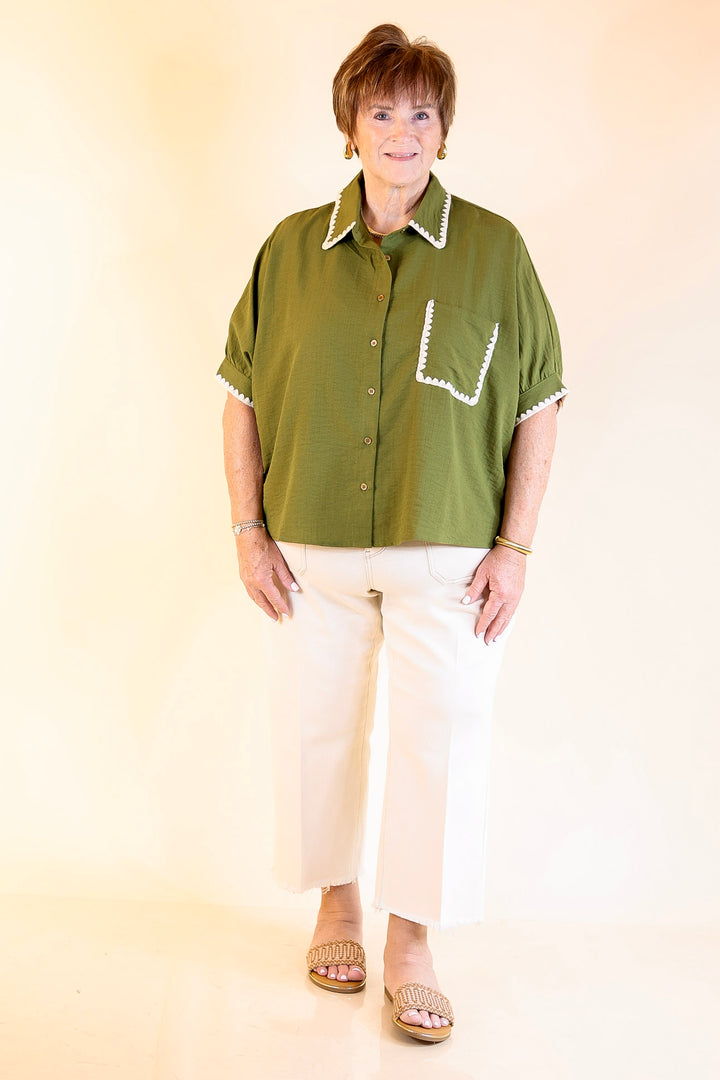 In Good Company Button Up Top with Scalloped Trim Stitching in Olive Green