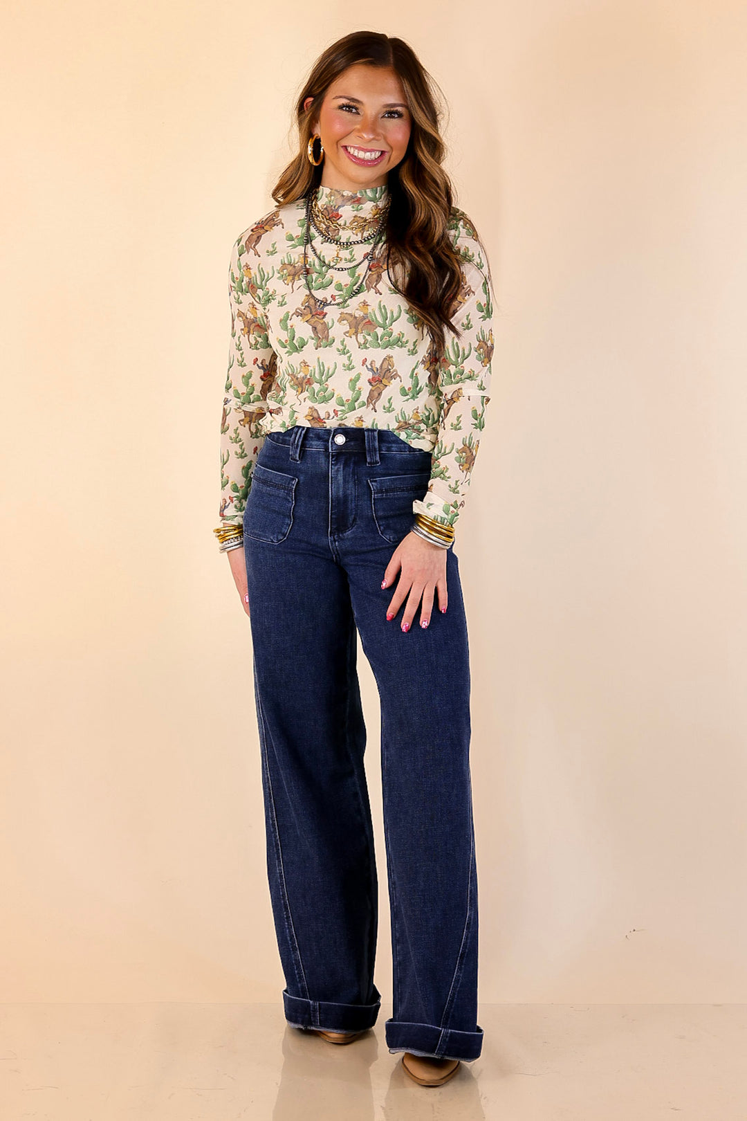 Western Dream Cowboy and Cacti Print Long Sleeve Mesh Top in Ivory