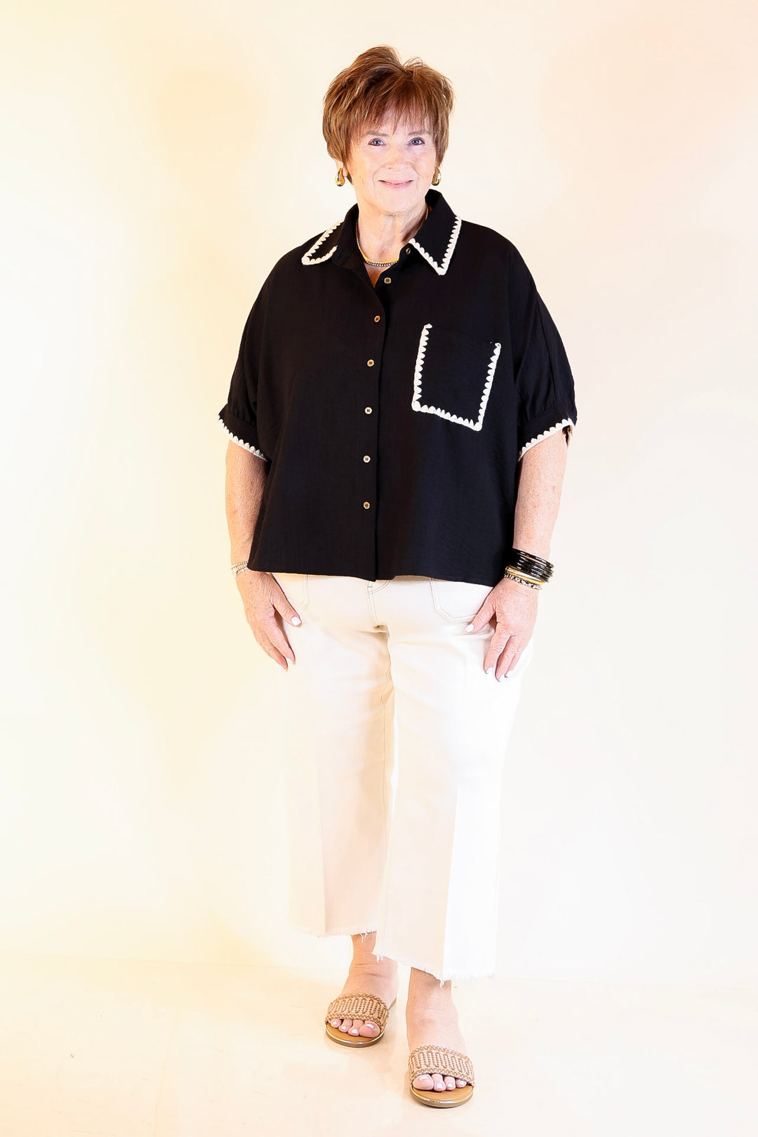 In Good Company Button Up Top with Scalloped Trim Stitching in Black