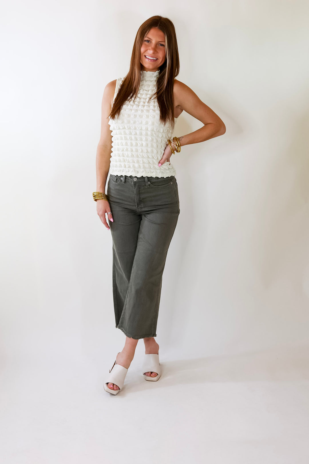 Daring Stares Mock Neck Bubble Tank Top in Ivory - Giddy Up Glamour Boutique