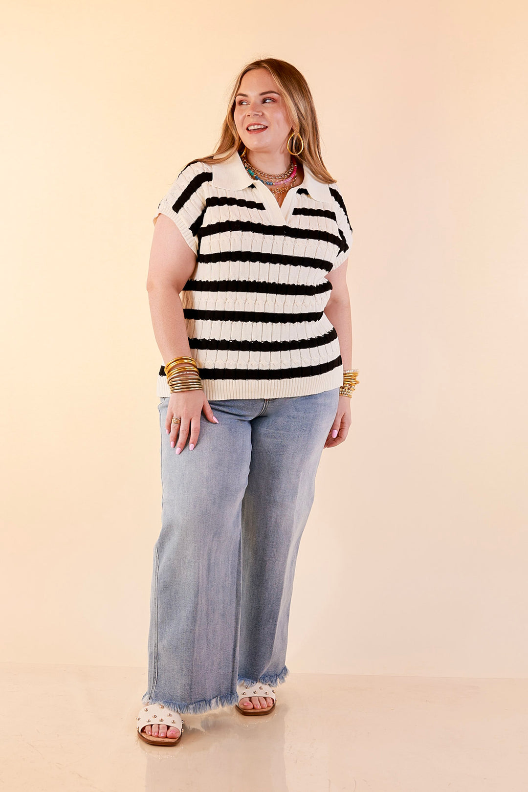 Signature Stripe Drop Shoulder Cable Knit Collared Polo Top in Ivory with Black Stripes