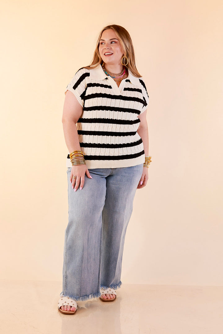 Signature Stripe Drop Shoulder Cable Knit Collared Polo Top in Ivory with Black Stripes