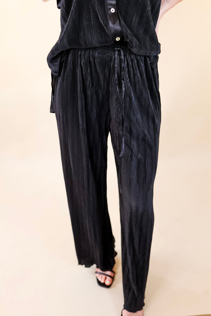 Walking In Paradise Plissé Drawstring Pants in Black - Giddy Up Glamour Boutique