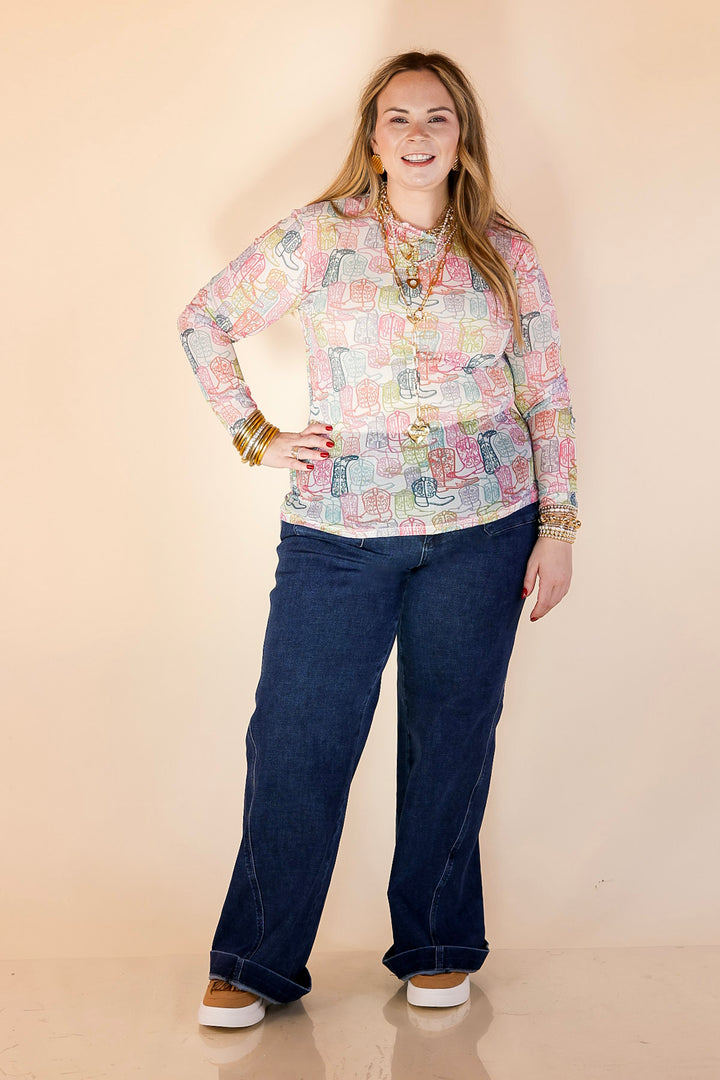 Western Dream Neon Boot Print Mesh Long Sleeve Top in White