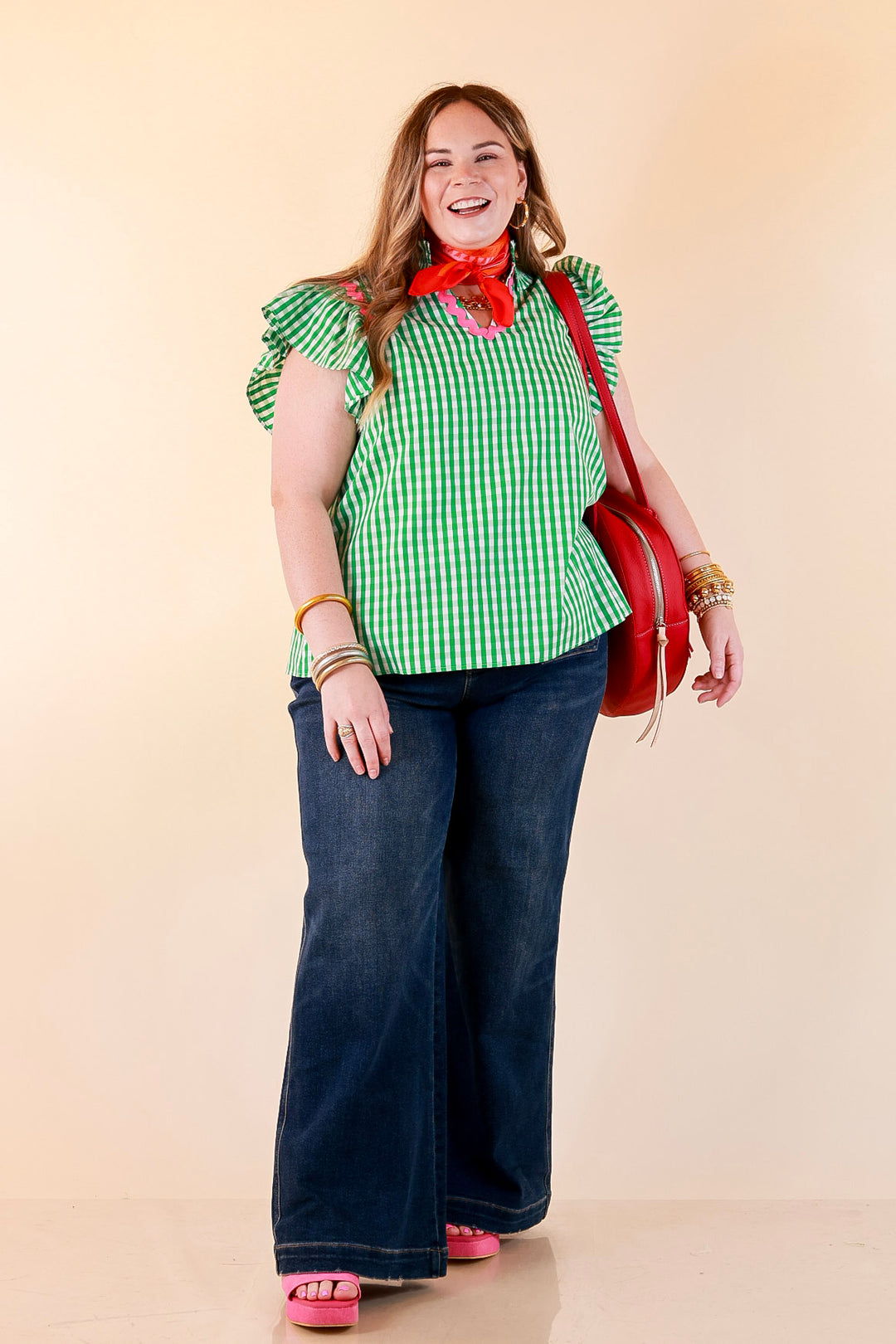 Sweet Tea Social Ruffle Sleeve Gingham Top with Ric Rac Trim in Kelly Green