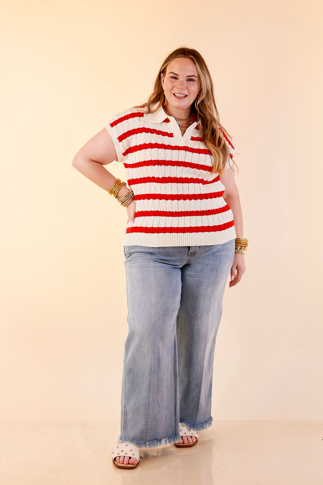 Signature Stripe Drop Shoulder Cable Knit Collared Polo Top in Ivory with Red Stripes