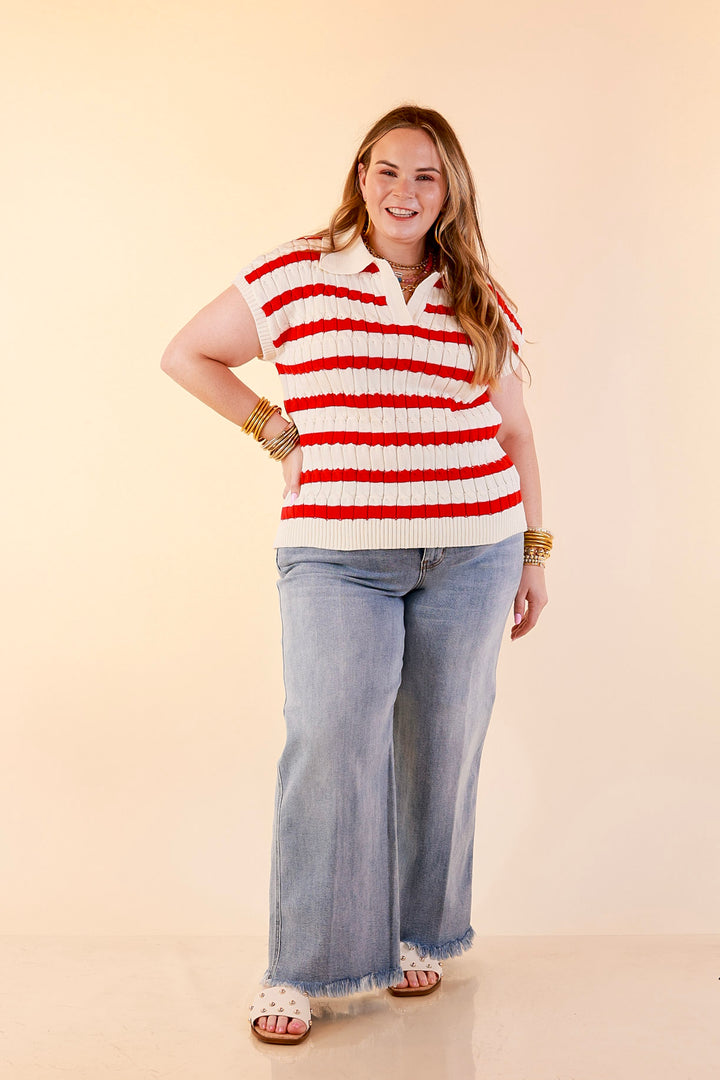 Signature Stripe Drop Shoulder Cable Knit Collared Polo Top in Ivory with Red Stripes