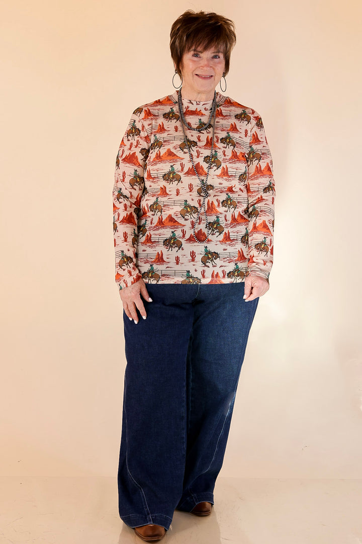 Sheer Confidence Western Red Rocks and Bronc Rider Mesh Long Sleeve Top in Cream