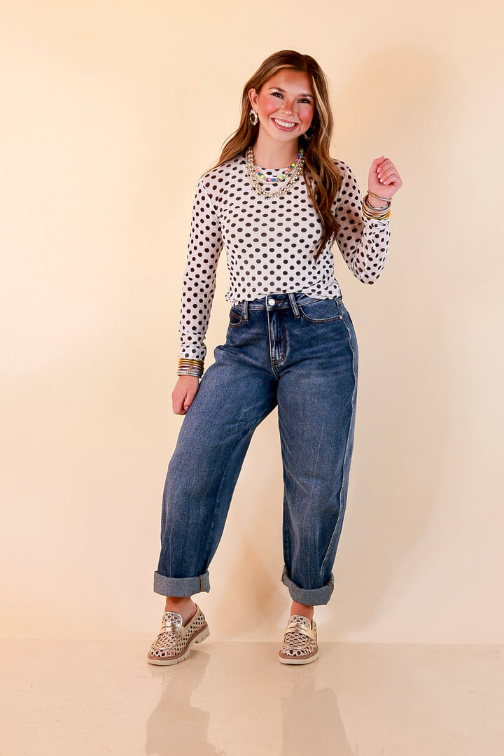 The Essential Layer Black Polka Dot Print Sheer Mesh Long Sleeve Top in White