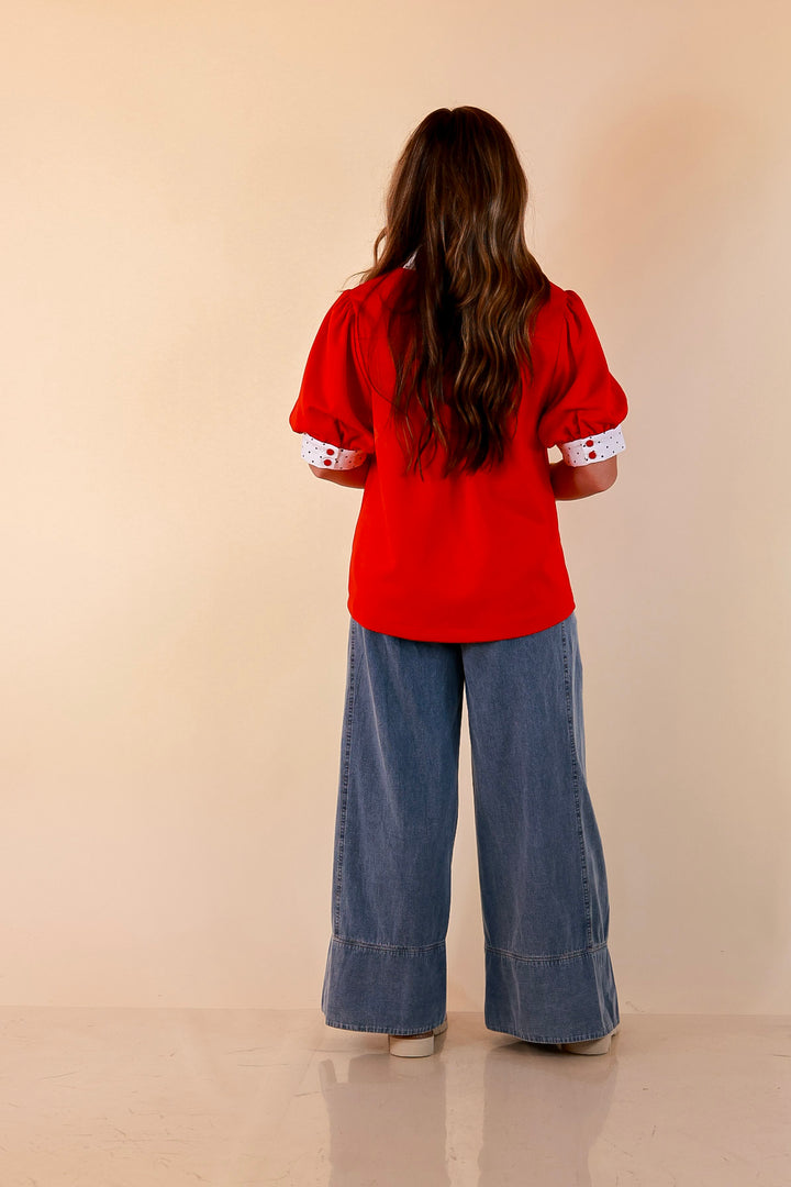 Confidently Yours Contrast Polka Dot Trim Puff Sleeve Top in Red