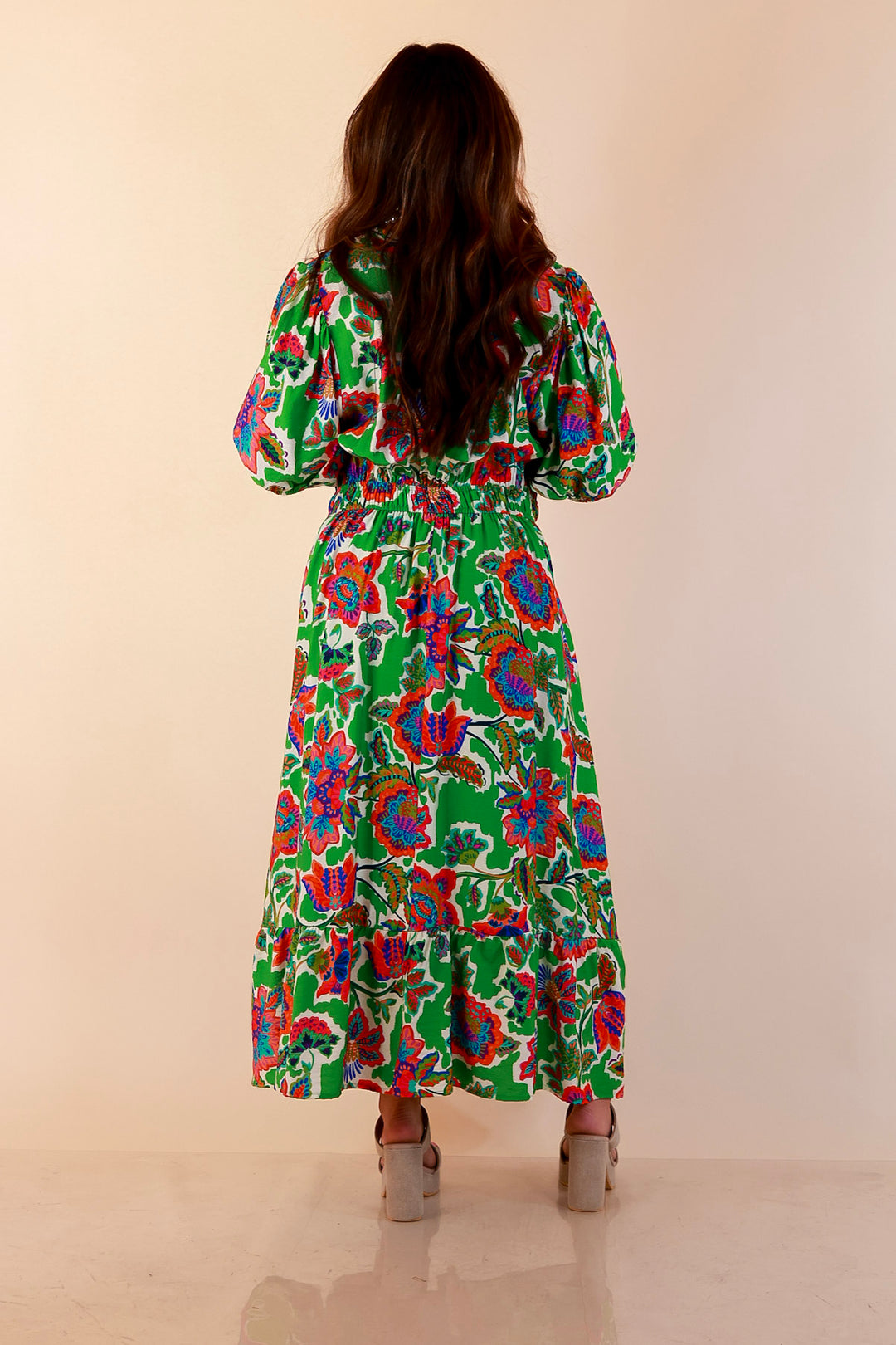 Color Me Happy Floral Print Midi Dress with Tie Neckline and Puff Sleeves in Green
