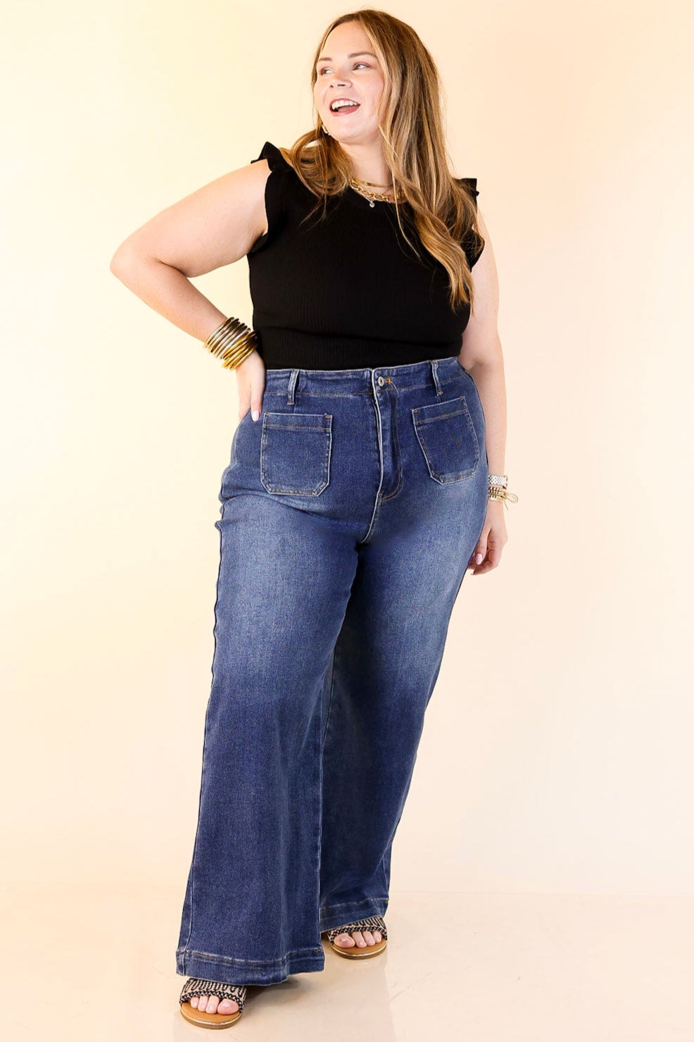 Flirty Frill Scoop Neck Top with Ruffle Sleeves in Black