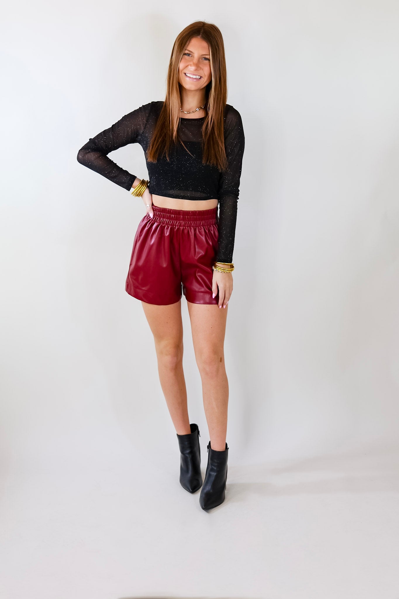 Lucky Timing Shimmery Long Sleeve Crop Top in Black