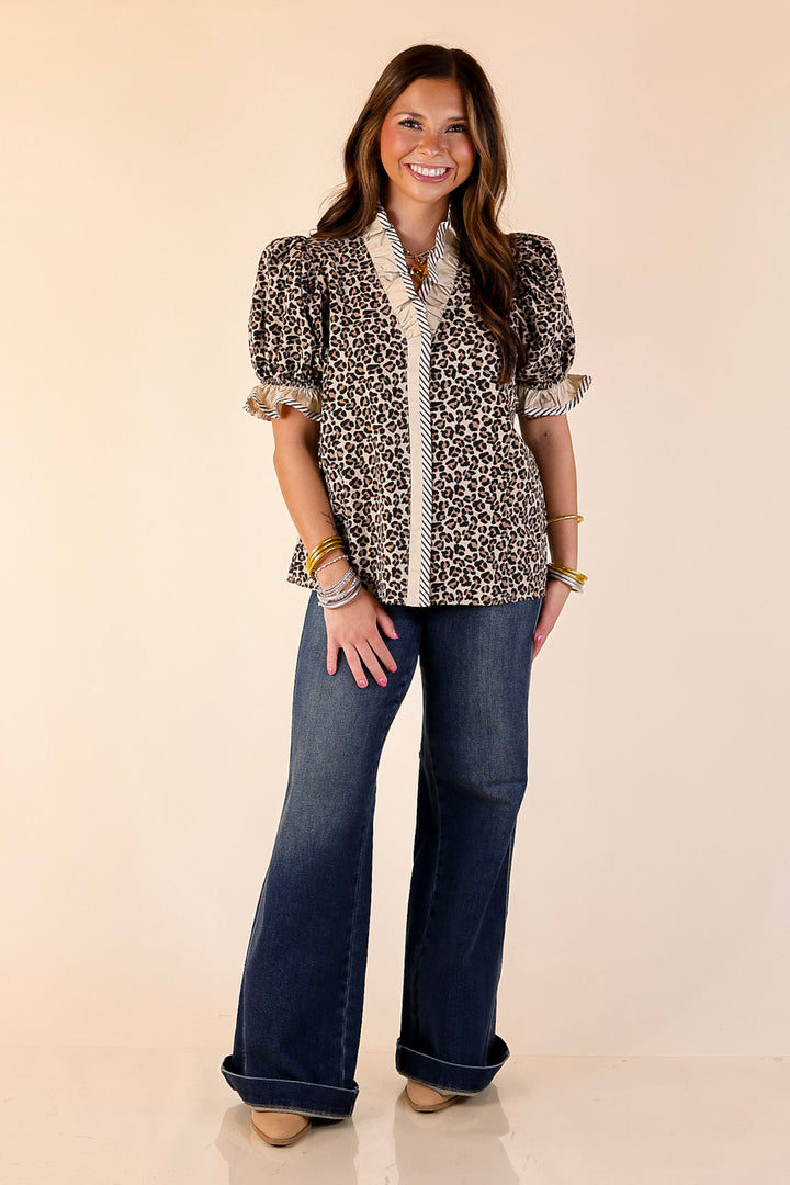 Endless Elegance Ruffled V Neck Leopard Print Top with Stripe Trim in Cream, Brown and Black