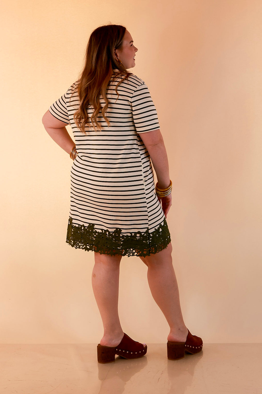 Beyond the Basics Striped Floral Lace Hem T-Shirt Dress in Ivory and Olive Green