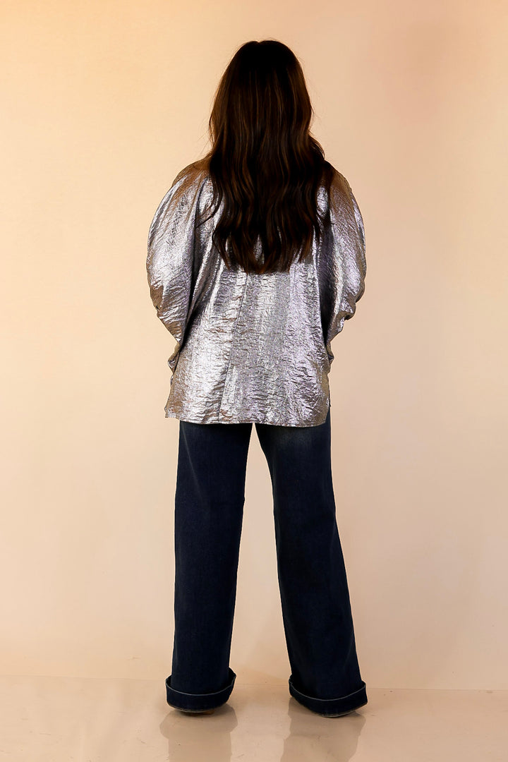 Naturally Stylish Shimmer Metallic Poncho Top in Silver