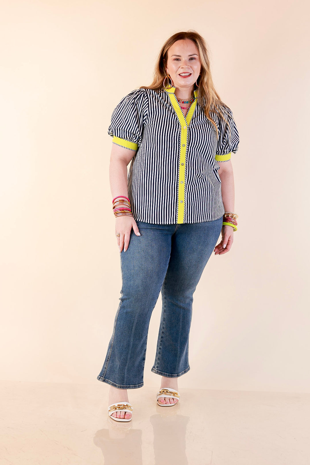 Pop of Polish Short Puff Sleeve Button Front Top with Contrast Trim in Navy Blue, White and Lime
