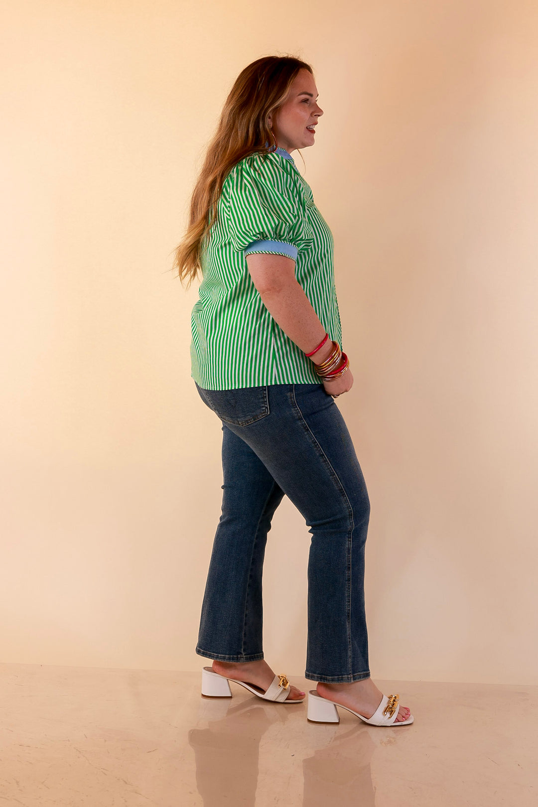Pop of Polish Short Puff Sleeve Button Front Top with Contrast Trim in Kelly Green, White and Sky Blue