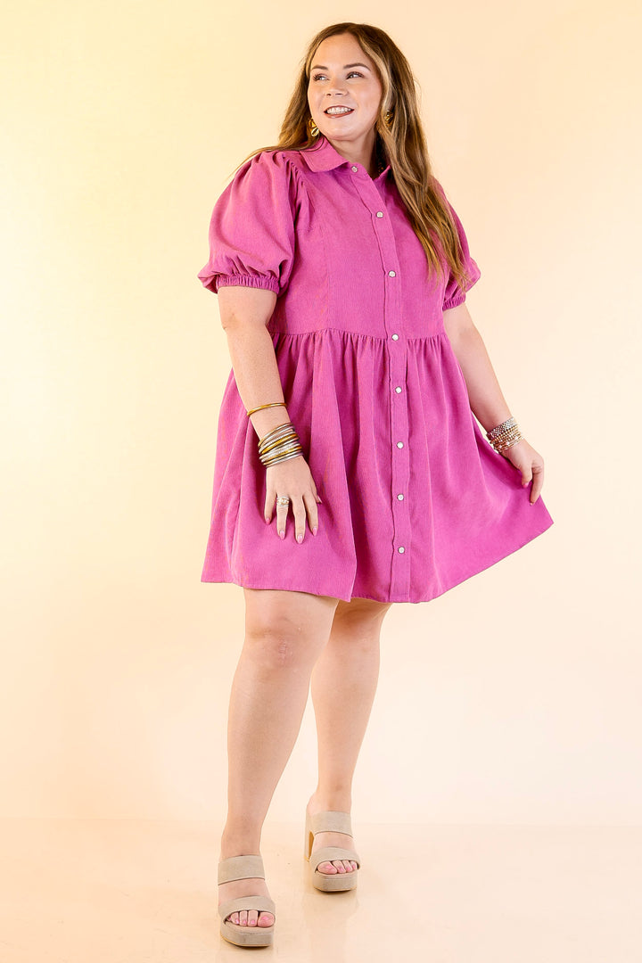 Adventures Ahead Button Up Corduroy Babydoll Dress in Magenta Pink Purple