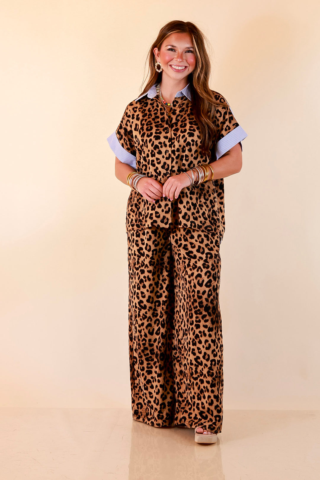 Relaxed Refinement Blue Stripe Detail Button Front Collared Top with Matching Wide Leg Pants Set in Leopard Print