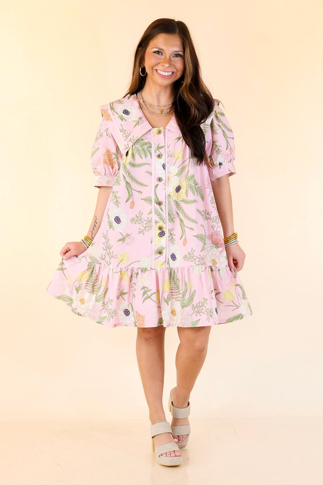 Call Me Charming Button Up Floral Print Dress with Peter Pan Collar in Light Pink