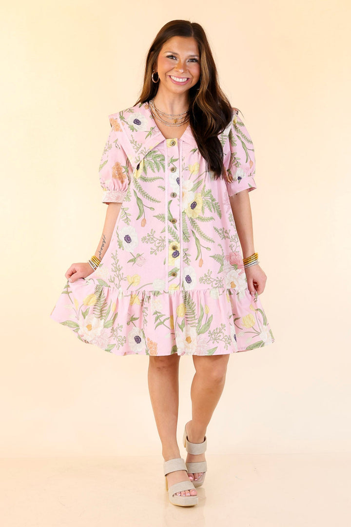 Call Me Charming Button Up Floral Print Dress with Peter Pan Collar in Light Pink