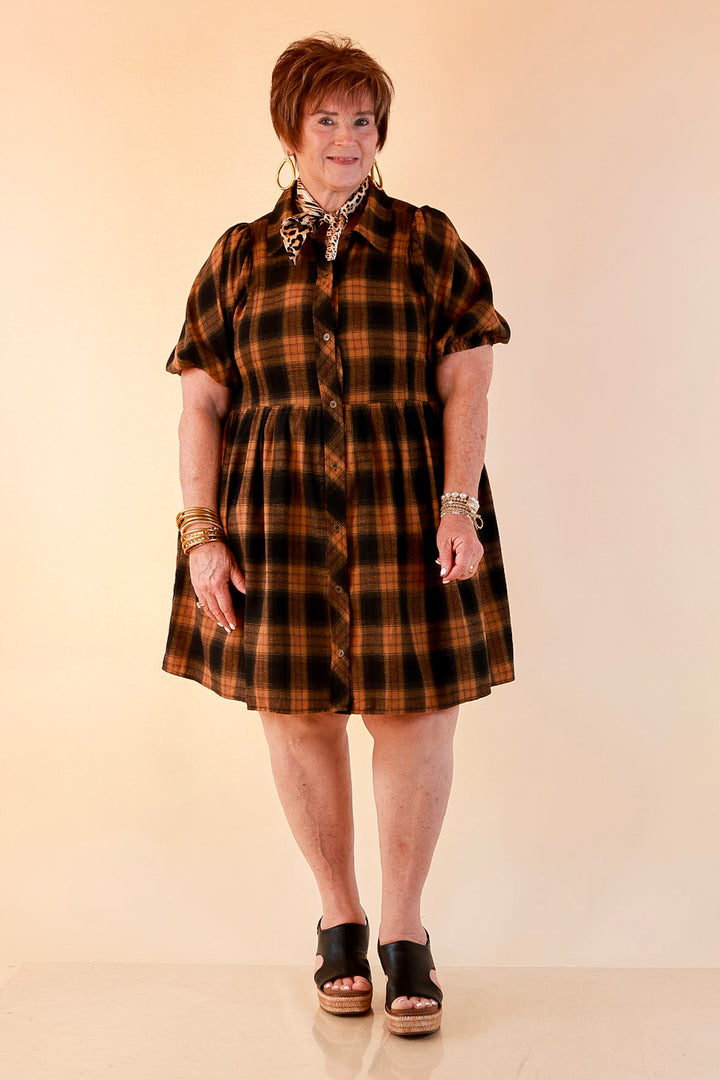 Adventures Ahead Plaid Button Up Babydoll Dress in Camel Brown