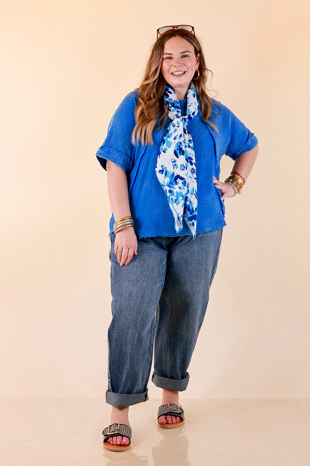 Everyday Ease Short Sleeve Linen Top with Raw Hem Edges in Ocean Blue