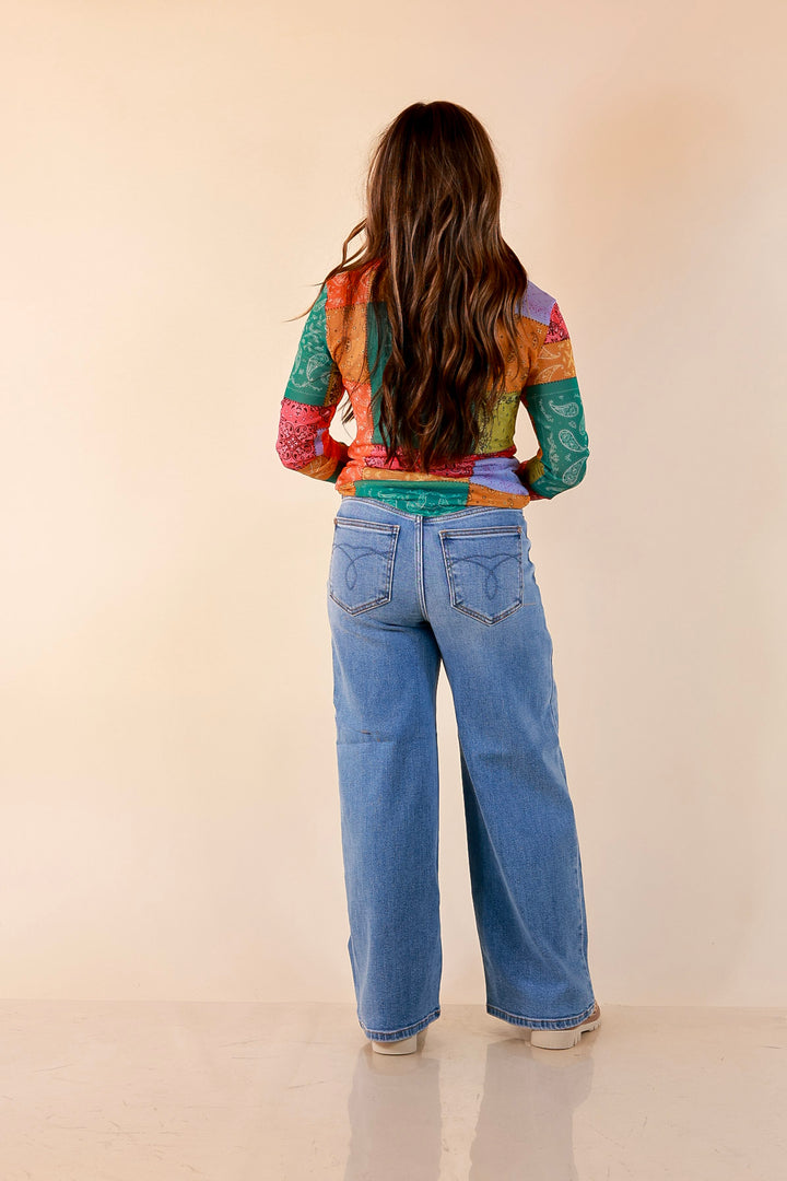 Western Dream Patchwork Paisley Bandana Print Sheer Mesh Long Sleeve Top in Multicolor